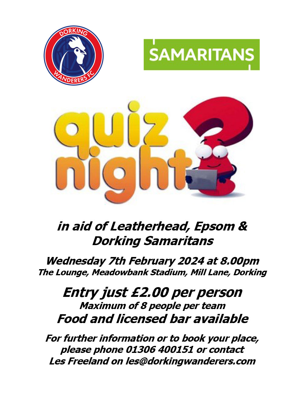 Full event Flyer for Samatitans Quiz Night