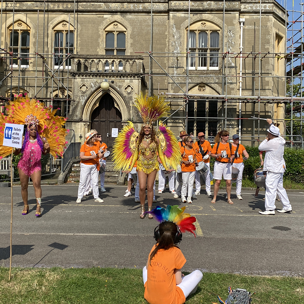 Carnival Dancers with Block do Sol outside Pippbrook House at Pippfest 2024