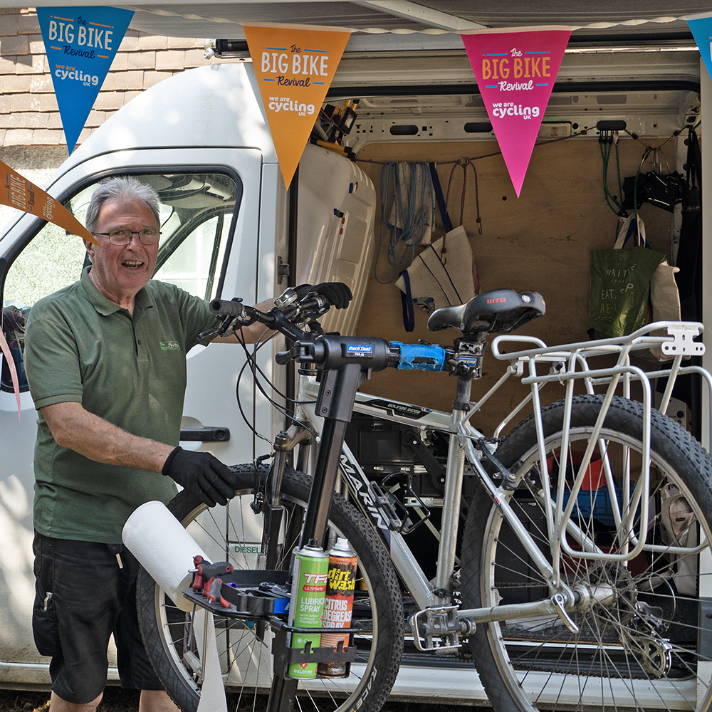 Phil checking out peoples bikesi at the Bikes Revived Van at Pippfest 2024