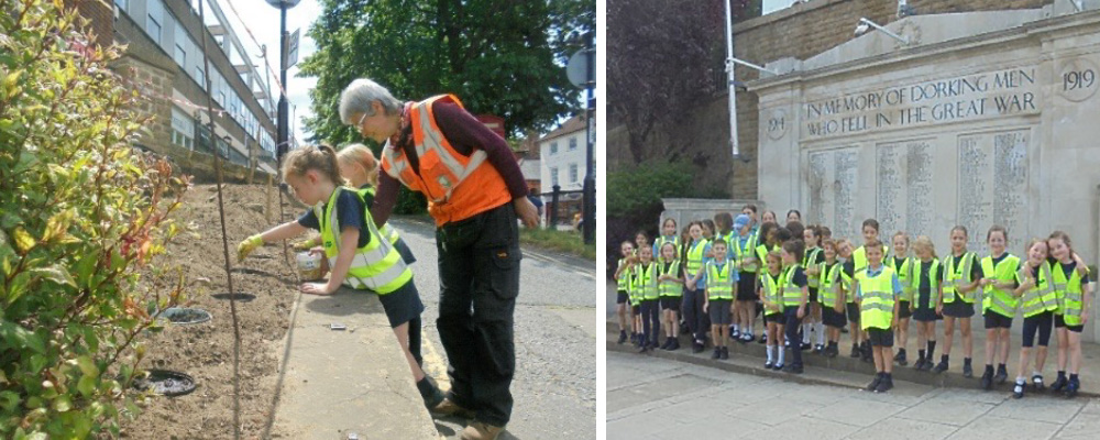 St Pauls School visit to plant poppies at the South Street Memorial Garden Dorking